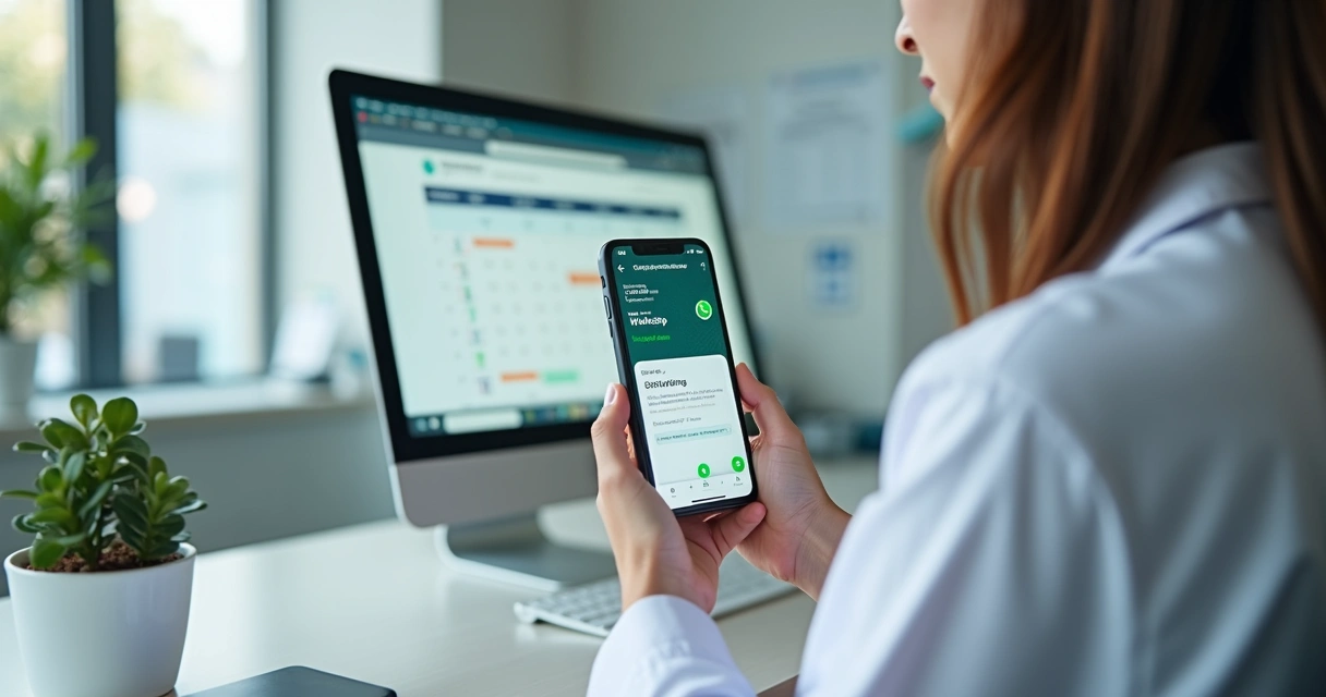 Recepcionista em clínica de saúde atendendo agendamento pelo smartphone com WhatsApp, computador ao fundo e ambiente moderno e organizado