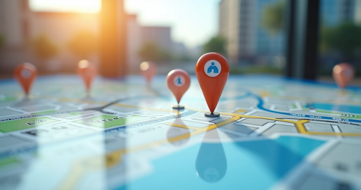 Mapa digital com localização de clínica médica e ícones de pacientes próximos