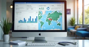 Centro de saúde moderno com tela de computador exibindo campanha de Google Ads para clínicas, gráficos de desempenho e segmento local destacado