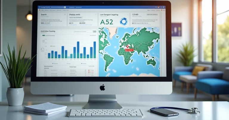 Google Ads para Clínicas de Saúde: Guia Prático Centro de saúde moderno com tela de computador exibindo campanha de Google Ads para clínicas, gráficos de desempenho e segmento local destacado