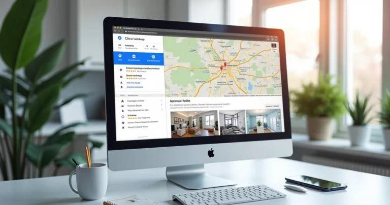 Posicionamento no Google: 7 Passos para Clínicas de Saúde Tela de computador mostrando perfil de clínica de saúde no Google Maps com avaliações e fotos profissionais