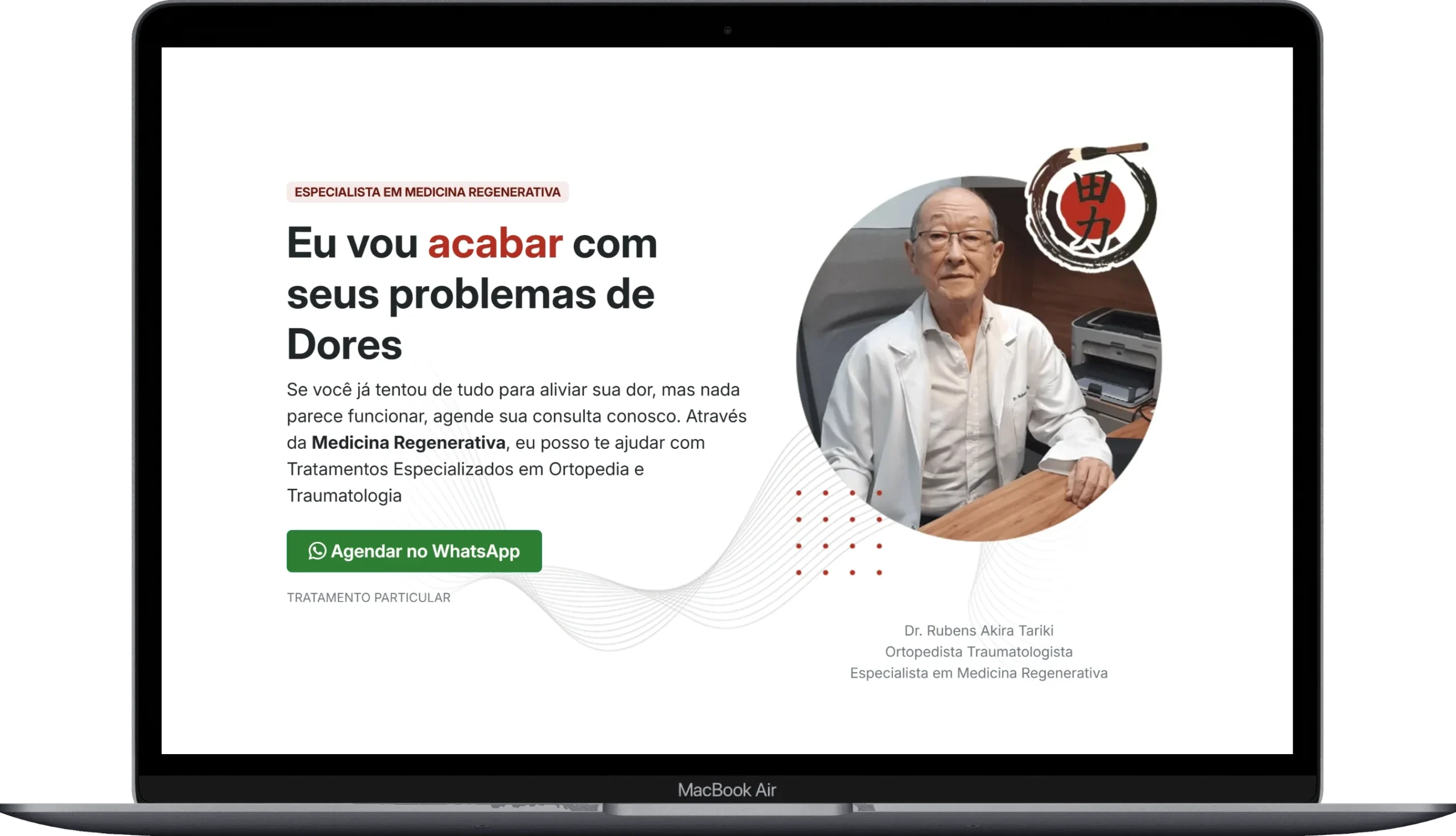 Tela de site do Dr. Rubens Akira Tariki, ortopedista especialista em medicina regenerativa, com chamada para agendar pelo WhatsApp
